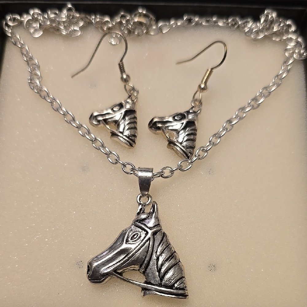 Silver Horse Pendant Necklace and Earring Set